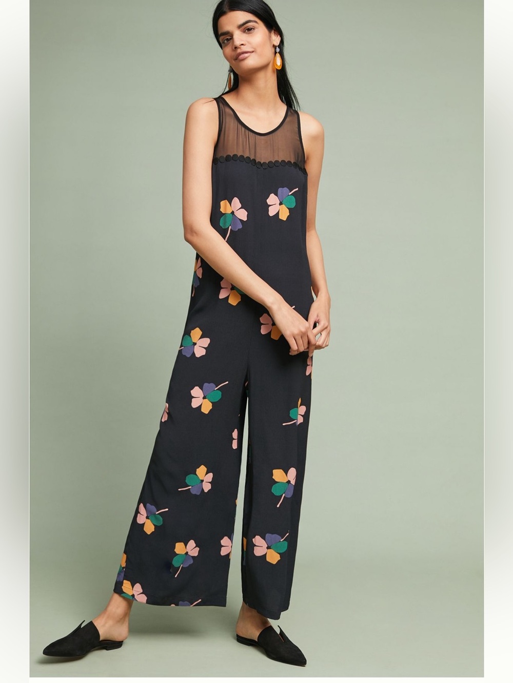 Corey Lynn Calter Black Maxi Jumpsuit with Pink, Teal & Mustard Floral Motif